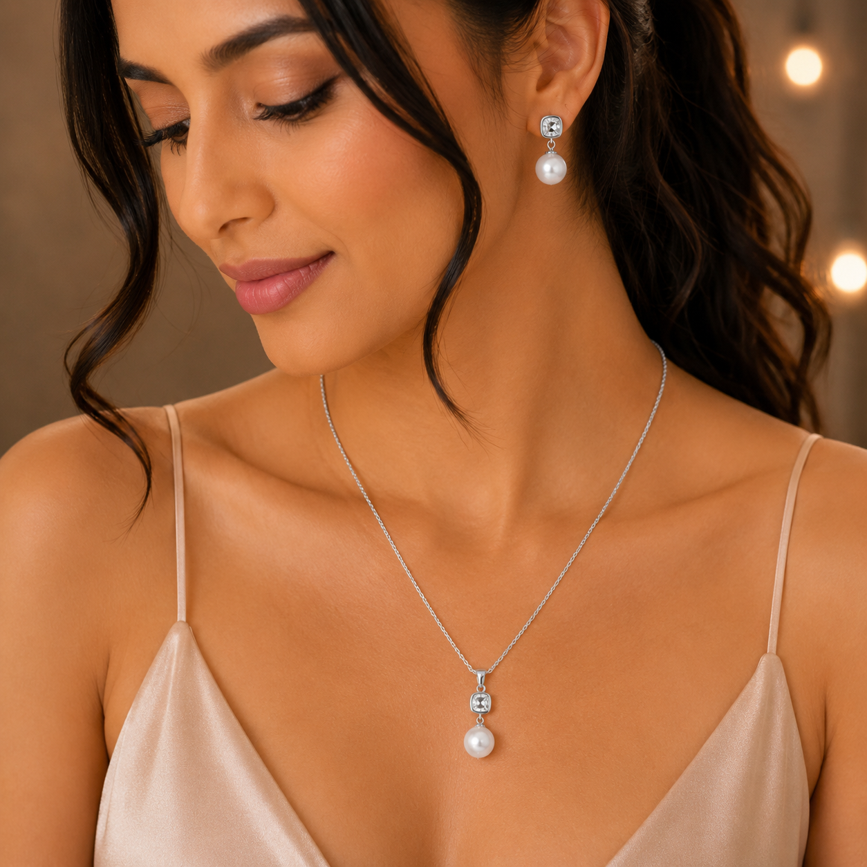 Luminous Pearl & Crystal Pendant Set